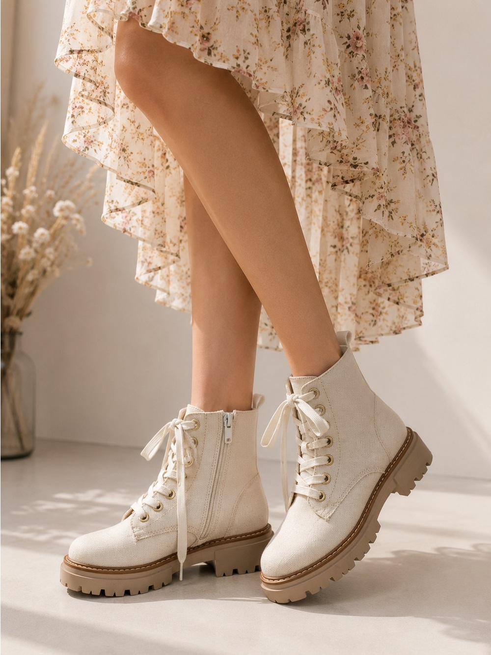 Sun & Stone Womens boots Canvas Lace-Up Ankle combat Boots Chunky Rubber Sole 6